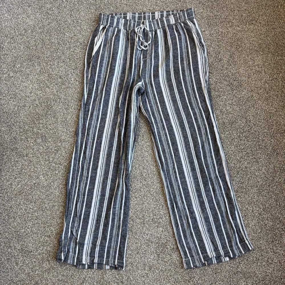 Briggs Charcoal White Stripe Linen Blend‎ Wide Leg Pants, Size Large